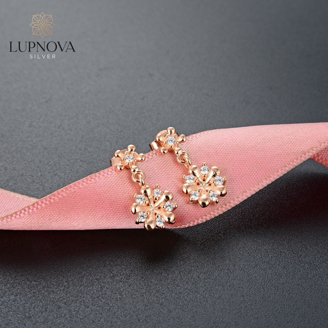 Aretes flor incrustaciones circonio colgantes plata 925 - Joyería