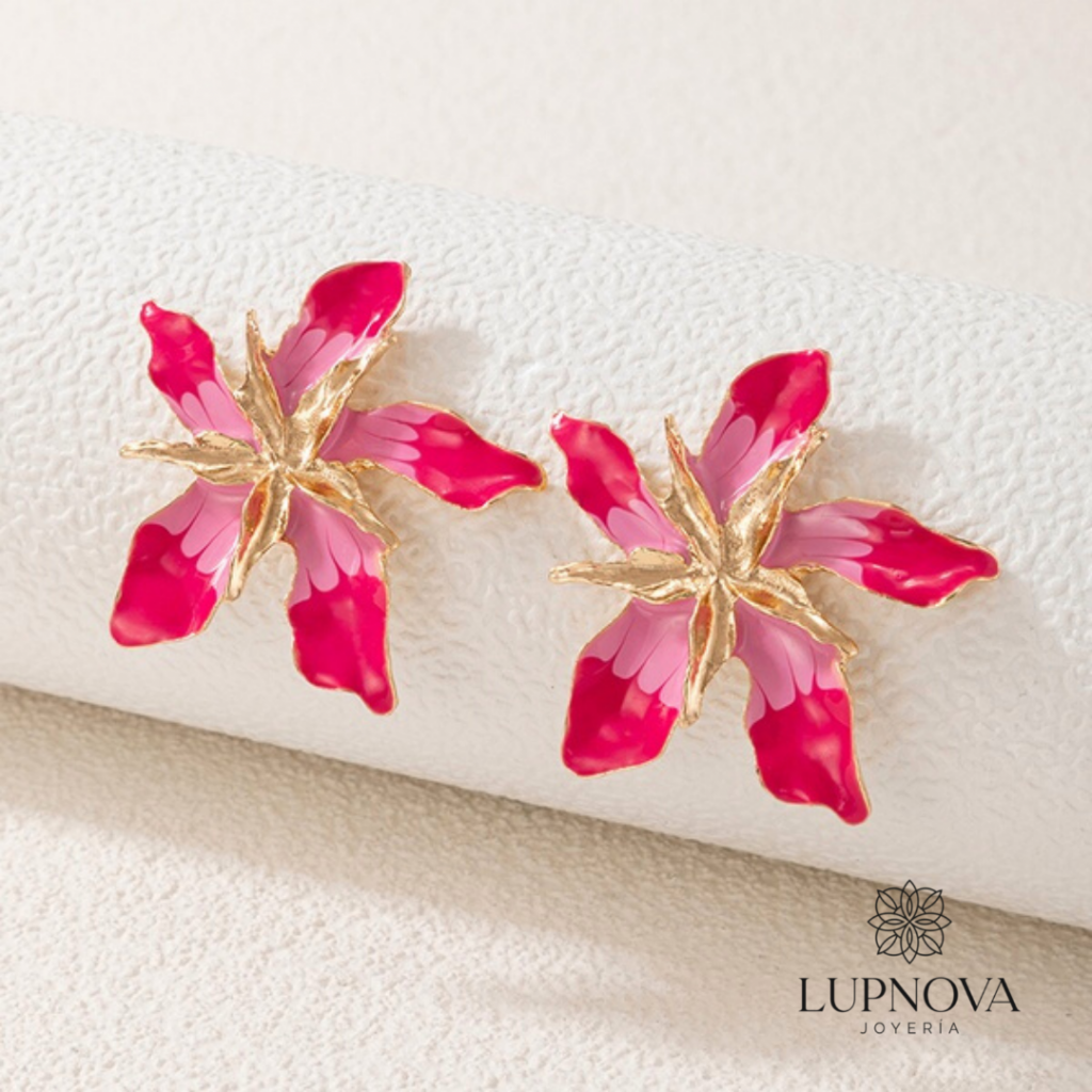 Aretes flor tridimensional voluminoso rosado